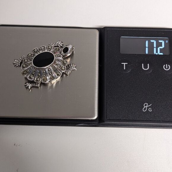 Vintage Sterling Silver, Onyx and Marcasite Turtle Pendant/Necklace - Picture 7 of 16